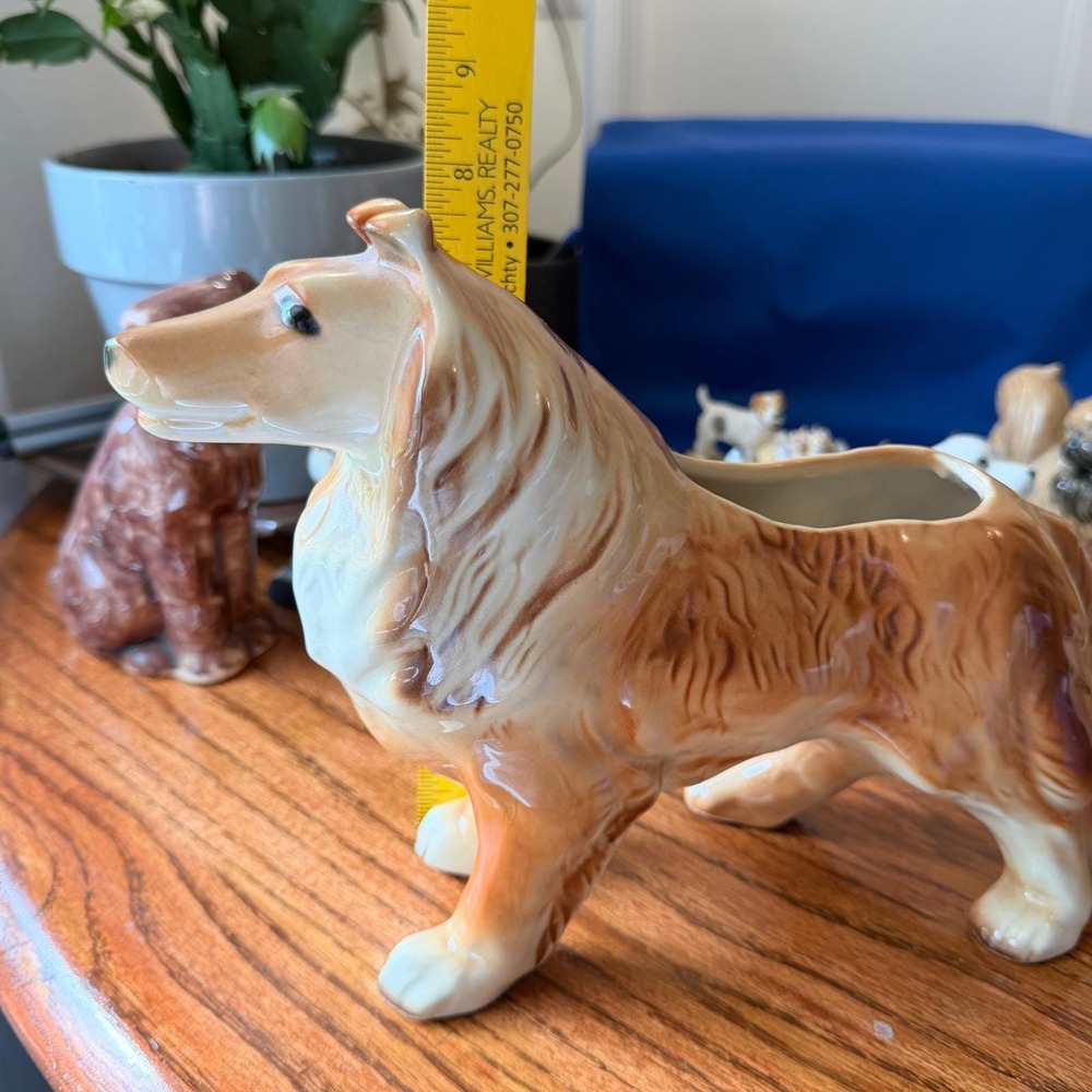 Vintage Collie Dog Ceramic Planter Large Lassie Style Tan White Glazed Figurine - Picture 9 of 11